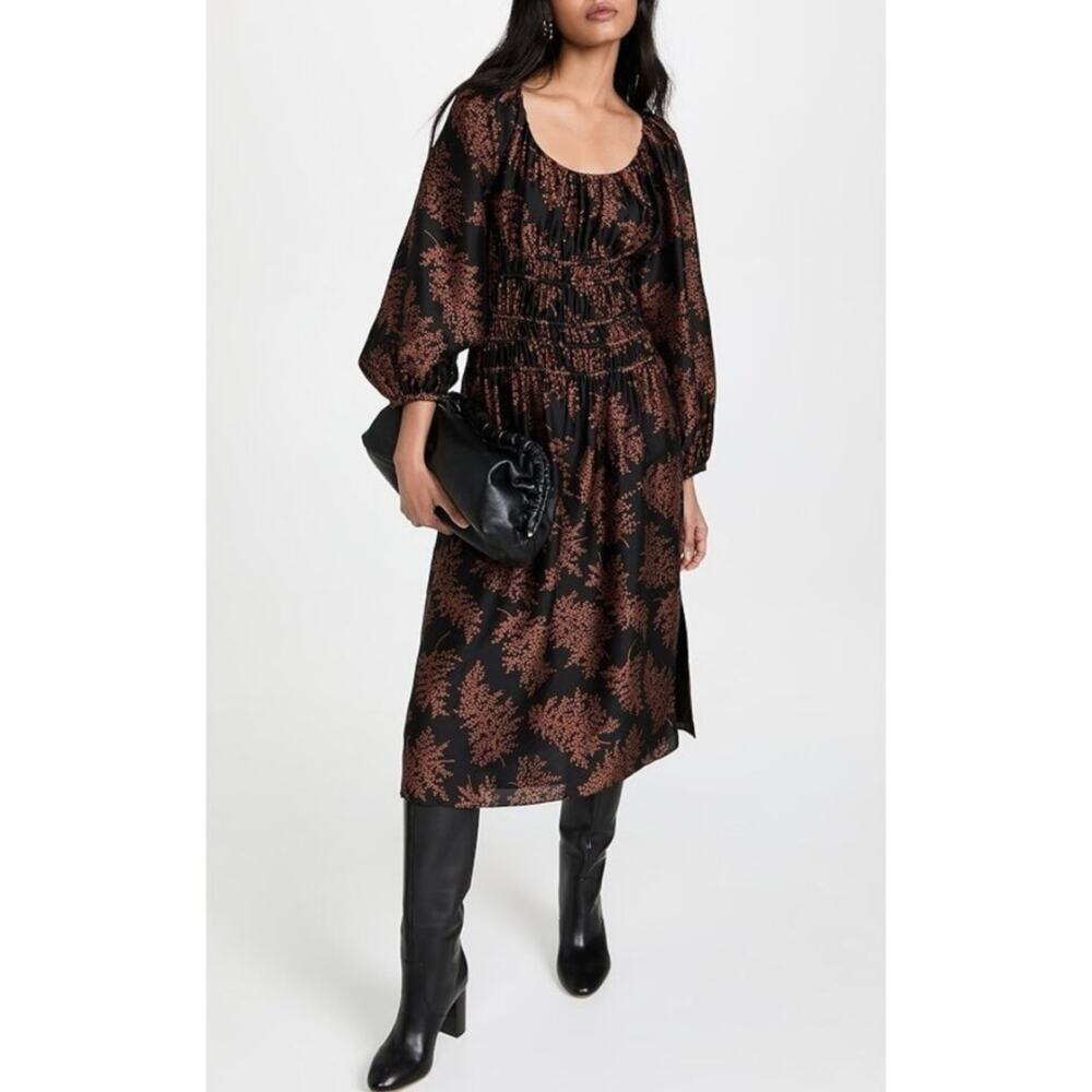 Rebecca Taylor Arden Fern Print Black Brown 100% Silk Midi Dress S